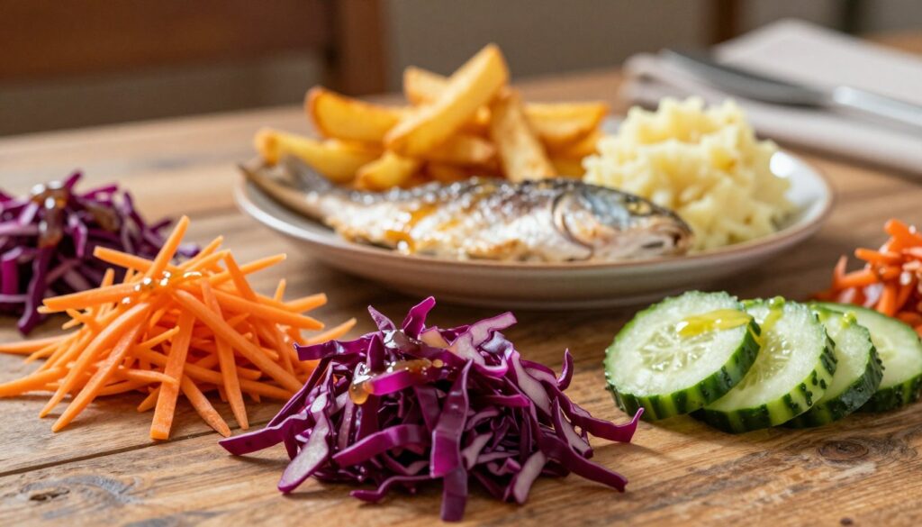 A beautiful presentation of various colorful 'surówki' (Polish salads) arranged elegantly on a rustic wooden table. In the foreground, showcase crisp, finely shredded carrots, vibrant red cabbage, and refreshing cucumber slices, all drizzled with a light vinaigrette. In the middle ground, place a plate featuring perfectly cooked fish, accompanied by golden, crispy fries and a serving of mashed potatoes, emphasizing the harmonious blend of textures. The background includes soft, warm lighting that enhances the freshness of the vegetables, creating an inviting atmosphere. A blurred glimpse of a cozy dining setting can be seen behind, adding to the mood. Use a shallow depth of field to focus on the surówki while gently fading the background, capturing the essence of a delightful meal pairing.