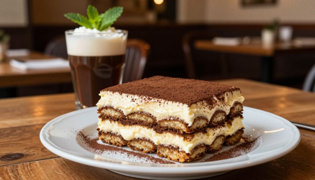 A beautifully arranged amaretto tiramisu sits elegantly on a delicate porcelain plate, showcasing layers of rich coffee-soaked ladyfingers and velvety mascarpone cream, dusted lightly with cocoa powder. In the foreground, the creamy texture and contrasting colors are highlighted, creating an inviting dessert scene. In the middle ground, a glass of amaretto stands nearby, adorned with a sprig of mint, suggesting its addition to both coffee and cream. The background features a softly blurred Italian café ambiance, with rustic wooden tables and warm, ambient lighting that enhances the mood of indulgence. The image captures a cozy, inviting atmosphere, perfect for an article about the role of amaretto in tiramisu, emphasizing its importance in this delicious dessert.