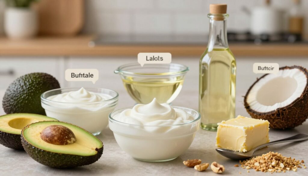 A beautifully arranged assortment of butter substitutes for baking, prominently featuring a creamy bowl of yogurt, a glass container of light vegetable oil, and a chunk of coconut oil with a spoon beside it. In the foreground, colorful fresh ingredients like ripe avocados and ground nuts are artistically scattered. The middle layer showcases detailed labels next to each substitute, indicating their names without text, enhancing the visual appeal with earthy tones. The background is softly blurred kitchen decor, hinting at a baking atmosphere with subtle warm lighting, evoking a cozy, inviting mood. Artistic focus emphasizes the textures and colors of the ingredients, captured with a neutral depth-of-field, creating an inviting and informative representation of butter alternatives in baking.