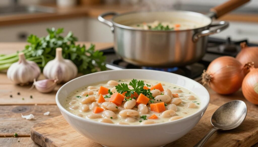 A beautifully arranged bowl of zupa fasolowa, featuring a creamy, thick texture with vibrant white beans, finely chopped carrots, and a sprinkle of fresh parsley on top. The foreground showcases the bowl on a rustic wooden table, with a vintage spoon resting beside it. In the middle, there's a pot on the stove with more soup, surrounded by an assortment of fresh ingredients including garlic, onions, and herbs, giving a sense of preparation. The background includes a softly lit kitchen, with warm, inviting lighting that creates a cozy atmosphere. The image captures the essence of a homemade meal, evoking comfort and warmth, ideal for a culinary presentation.