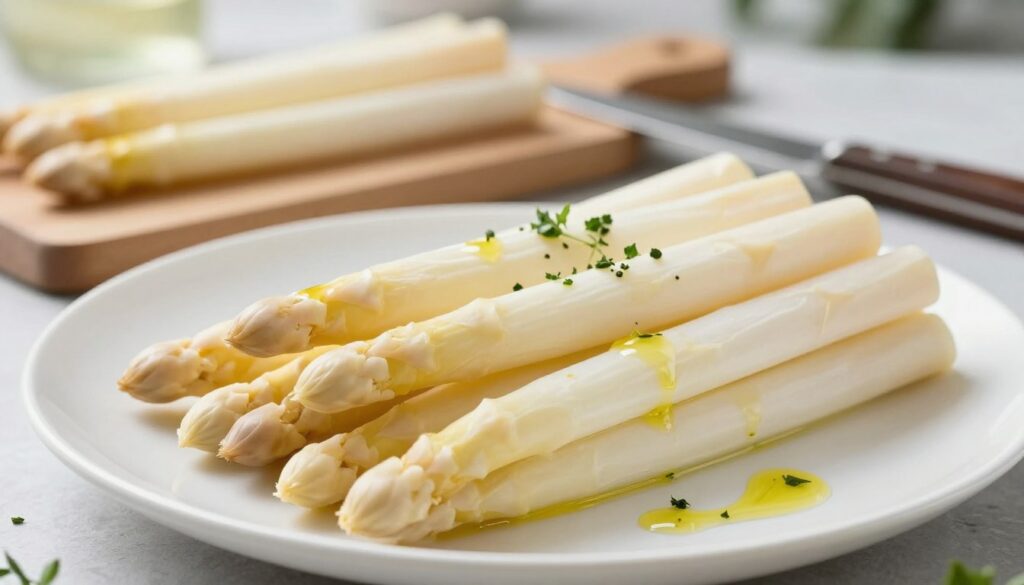 A beautifully arranged collection of white asparagus spears, showcasing their smooth, pale texture and delicate flavor. In the foreground, the asparagus is strategically placed on a pristine white plate, drizzled with a touch of olive oil and garnished with fresh herbs, creating a fresh and appetizing appearance. In the middle ground, a wooden cutting board complements the dish, with a few spears laying casually beside a sharp knife, hinting at the preparation process. The background features a softly blurred kitchen setting with natural light streaming in, enhancing the organic vibe. Use a shallow depth of field to focus on the asparagus while softly blurring the background. The mood is fresh, inviting, and evokes a sense of culinary delight, perfect for showcasing how to properly prepare white asparagus.