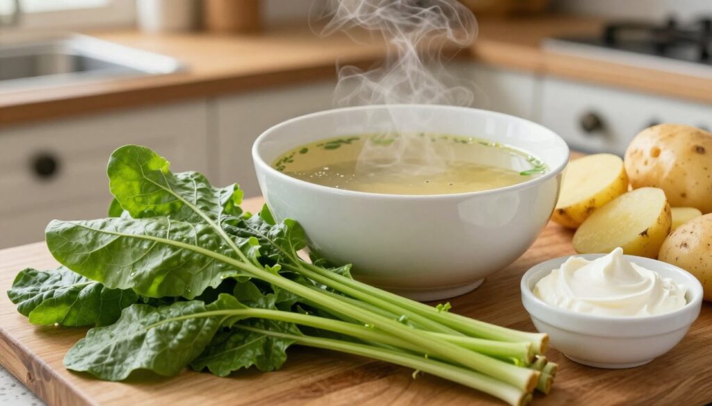 A beautifully arranged composition featuring fresh botwinka (young beet greens) in vibrant shades of green, carefully placed in the foreground. Next to it, a pristine bowl of light-colored broth, steaming gently, showcasing its inviting warmth. Include earthy potatoes, sliced and nestled alongside a small dish of creamy sour cream, hinting at their use in the dishes. The background should softly blur, depicting a rustic kitchen setting with wooden countertops and natural light streaming in, enhancing the freshness of the ingredients. Capture the scene from a slightly elevated angle, emphasizing the textures of the vegetables. The overall mood should feel wholesome and homey, invoking a sense of culinary warmth and comfort.