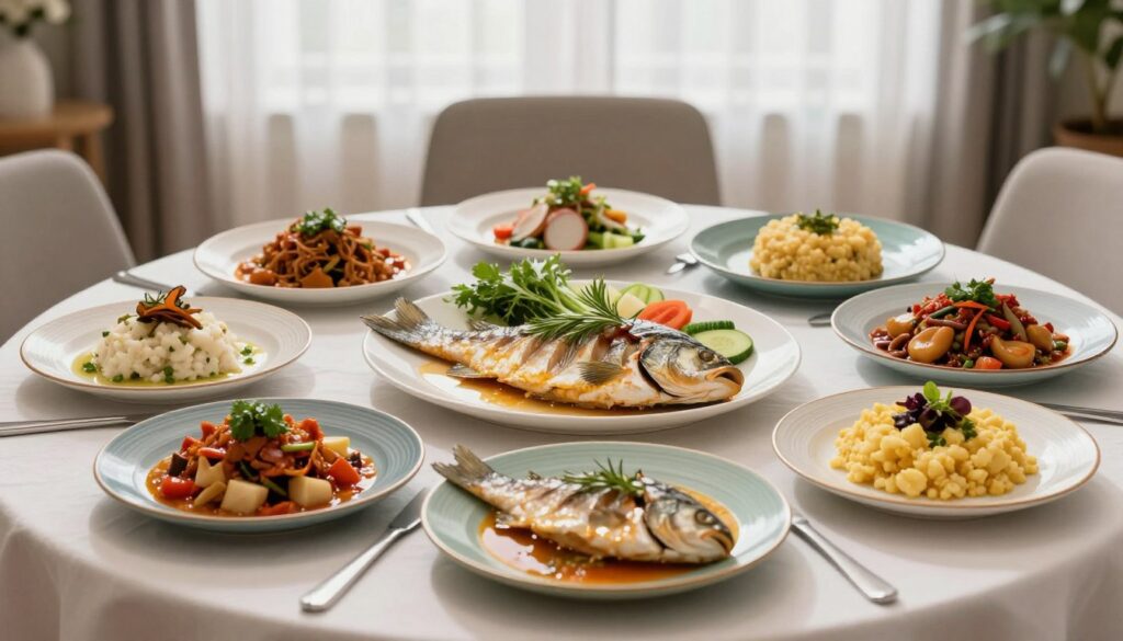 A beautifully arranged dining table featuring a variety of fish dishes with complementary sides and garnishes. In the foreground, there are colorful plates of well-prepared fish, surrounded by common mistakes such as mismatched or overbearing sides like overly spicy sauces or heavy starches. In the middle, fresh herbs, vegetables, and delicate garnishes create a harmonious balance, illustrating the right additions to fish. The background shows a softly lit dining area, evoking a warm and inviting atmosphere, with natural light filtering through sheer curtains. The scene should convey a sense of culinary elegance and thoughtful presentation, highlighting the importance of choosing the right accompaniments to enhance the fish dishes without overwhelming them.