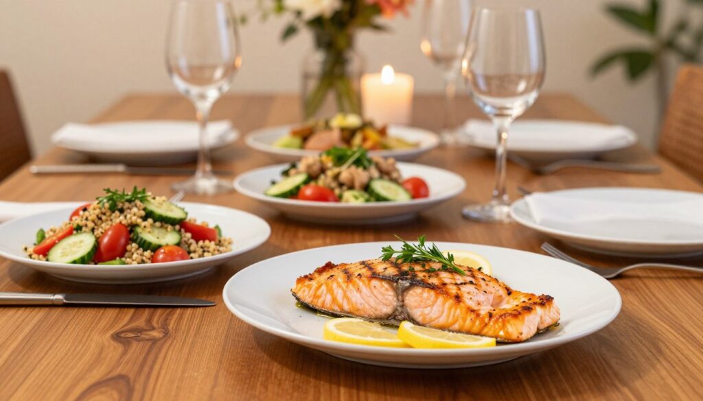 A beautifully arranged dining table, showcasing a variety of fish dishes with complementary sides. In the foreground, a perfectly grilled salmon fillet, garnished with fresh herbs and lemon slices, is placed on a white plate. Beside it, a vibrant quinoa salad with cherry tomatoes and cucumbers adds color. In the middle ground, a polished wooden table is set with a few elegant wine glasses and cutlery, enhancing the dining experience. The background features soft, warm lighting creating an inviting atmosphere, with delicate table decorations such as candles and floral arrangements. This image exudes a cheerful and sophisticated mood, capturing the essence of selecting the perfect side dishes for different types of fish preparations, making it ideal for a culinary article.