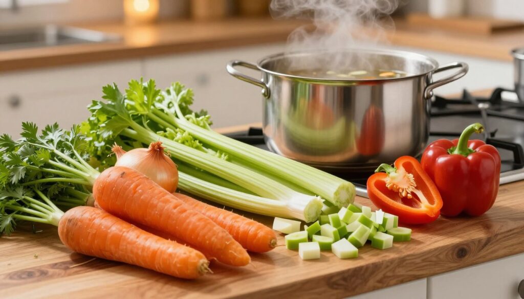 A beautifully arranged display of fresh vegetables for soup preparation, positioned on a rustic wooden kitchen countertop. In the foreground, vibrant carrots, onions, celery, and bell peppers are neatly chopped and ready for cooking. In the middle ground, a large stainless steel pot sits on a modern stove, steam gently rising from a simmering broth. The background features a softly blurred kitchen setting with warm lighting, enhancing the inviting atmosphere. The scene captures the essence of cooking with a focus on the texture and colors of the vegetables, evoking a sense of warmth and comfort. The angle is slightly overhead, showcasing the freshness and vibrancy of the ingredients while maintaining an inviting kitchen atmosphere.