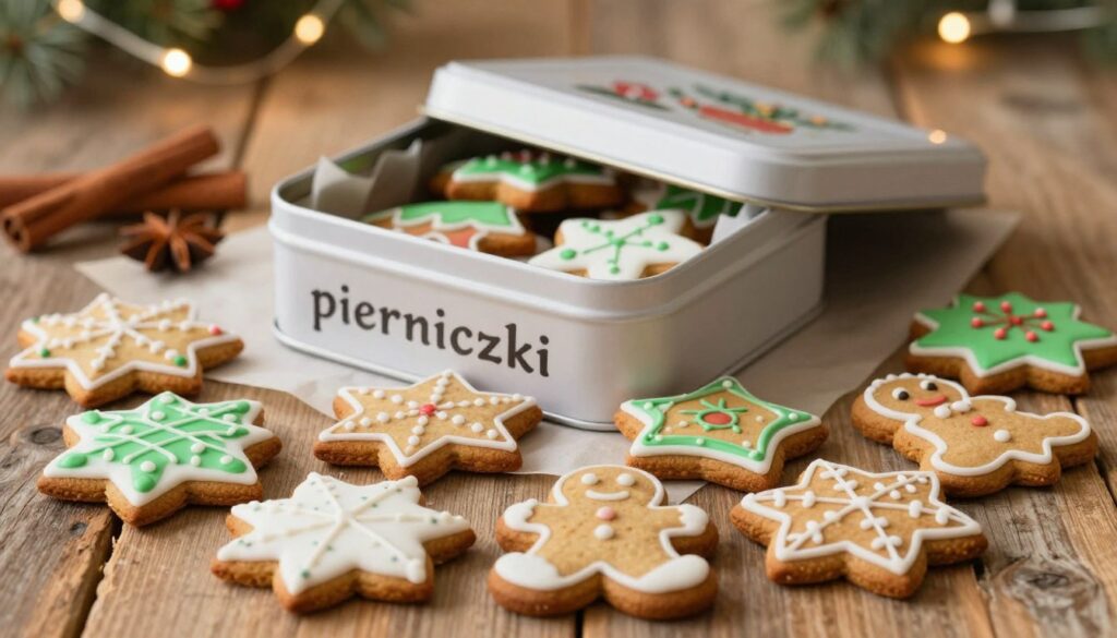 A beautifully arranged display of gingerbread cookies, known as "pierniczki," artistically placed on a rustic wooden table. The foreground features a variety of intricately decorated cookies, showcasing traditional designs with icing patterns and festive colors. In the middle, an elegant tin box partially open reveals a few more cookies, reflecting a cozy, inviting atmosphere. Surrounding the tin, there are delicate sheets of parchment paper gently cradling some of the cookies, emphasizing the idea of storage and preservation. In the background, soft, warm lighting evokes a comforting, homey vibe, with hints of holiday decorations like cinnamon sticks and star anise subtly blurred. The scene captures a festive mood, perfect for sharing insights on how to keep gingerbread soft using tips like the apple trick.