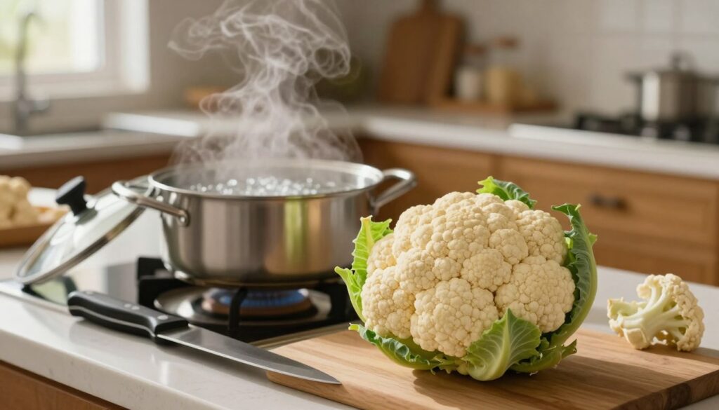 A beautifully arranged kitchen countertop featuring a fresh cauliflower. In the foreground, the cauliflower sits whole, showcasing its vibrant white florets and green leaves. Surrounding the cauliflower are assorted preparation tools like a sharp knife and a cutting board. In the middle ground, a pot of simmering water gently bubbles, hinting at the cooking process. The background is softly blurred, revealing the warm ambiance of a cozy kitchen with wooden cabinets and soft lighting, creating a homey atmosphere. A steaming pot lid can be seen slightly ajar, suggesting careful cooking techniques to avoid overcooking while preserving the cauliflower's color and texture. Natural light filters through a window, highlighting the beauty of the ingredients. The overall mood is inviting and educational, emphasizing precision in cooking.