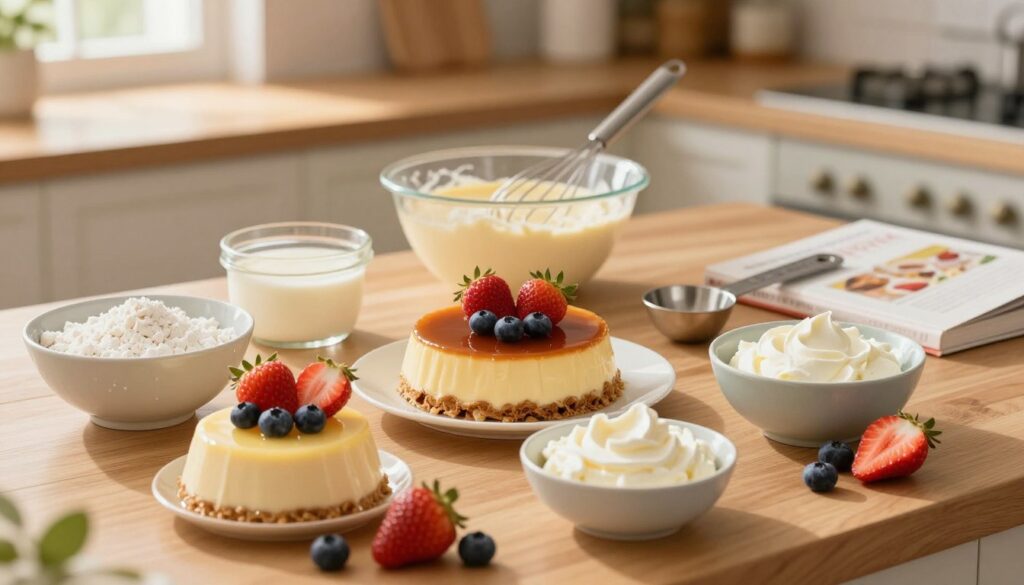 A beautifully arranged kitchen countertop featuring various alternatives to pudding for cheesecake filling. In the foreground, multiple bowls display ingredients like cornstarch, gelatin, and cream cheese, artistically arranged with fresh fruits like strawberries and blueberries for decoration. In the middle, a mixing bowl with a whisk suggests preparation, while measuring spoons and a cookbook provide context. The background shows a warm, sunlit kitchen with wooden cabinets and a hint of a window, creating an inviting atmosphere. Soft, natural lighting enhances the textures of the ingredients, while a shallow depth of field focuses on the vibrant colors of the ingredients, evoking a sense of creativity and home baking joy.
