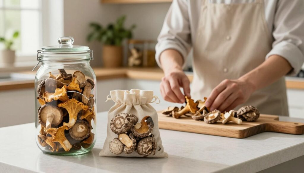 A beautifully arranged kitchen countertop showcasing different methods of storing dried mushrooms. In the foreground, a large glass jar filled with a variety of dried mushrooms, including chanterelles and porcini, is prominently displayed. Next to it, a neatly tied fabric pouch holding more dried mushrooms, suggesting a rustic, natural touch. In the middle ground, a wooden cutting board where a chef in modest casual clothing is carefully inspecting more dried mushrooms, ensuring they are clean and ready for storage. The background features soft-focused kitchen shelves with herbs and spices, bathed in natural light from a nearby window, creating a warm and inviting atmosphere. The overall mood is cozy and informative, emphasizing safety and preservation.