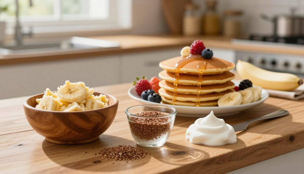 A beautifully arranged kitchen countertop showcasing various egg substitutes for pancakes. In the foreground, display a wooden bowl filled with mashed bananas, a small cup of ground flaxseed mixed with water, and a scoop of aquafaba, all artistically presented. The middle ground features a stack of golden, fluffy pancakes surrounded by vibrant fruits like berries and slices of banana, hinting at deliciousness. In the background, a warm, inviting kitchen setting is highlighted with soft natural light streaming through a window, casting gentle shadows. A rustic wooden table completes the scene, evoking a cozy cooking atmosphere, perfect for breakfast or brunch.