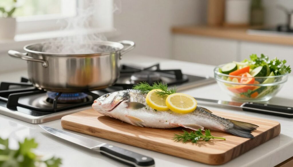 A beautifully arranged kitchen countertop with a focus on preparing fish for cooking. In the foreground, a clean wooden cutting board displays a whole fresh fish, garnished with slices of lemon and sprigs of fresh herbs, like dill and parsley. A sharp knife lies beside the fish, reflecting light. In the middle background, a pot is filled with seasoned water, simmering on a stovetop, exuding steam, suggesting the method of boiling. A bowl of colorful vegetables is nearby, ready for seasoning, hinting at healthy meal preparation. The kitchen is bright and airy, with soft natural light streaming in through a window, creating a warm and inviting atmosphere. Capture the details of the fish's texture and vibrant colors, focusing on the essence of perfect preparation for juicy cooking.