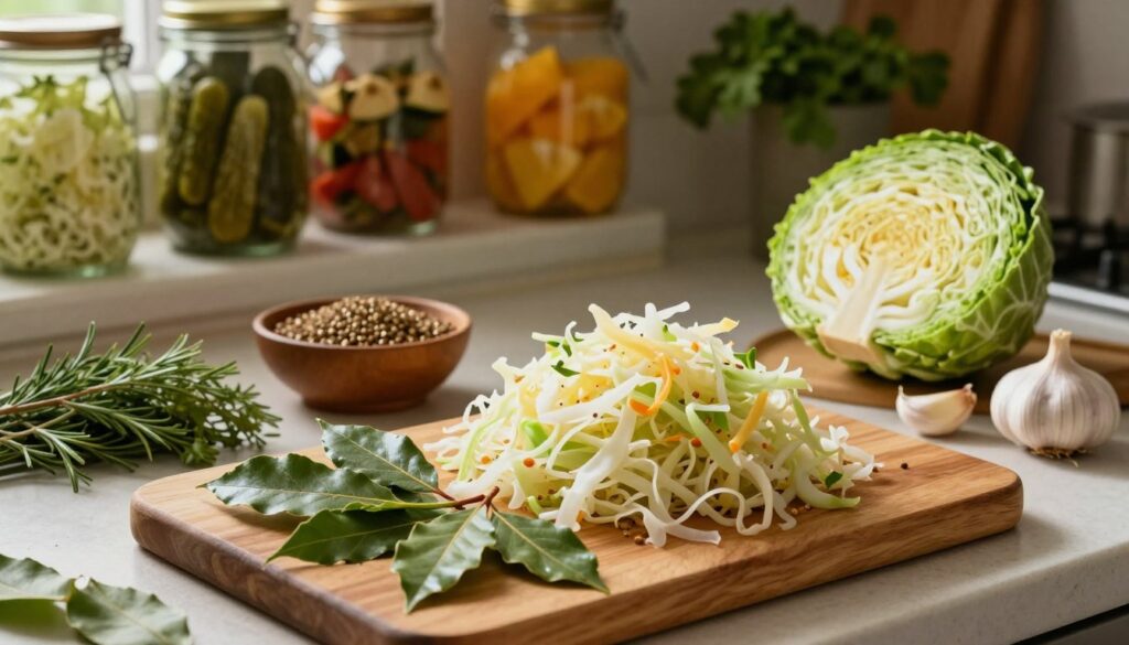 A beautifully arranged kitchen countertop with fresh ingredients for making sauerkraut. In the foreground, a wooden cutting board displays vibrant green bay leaves, their glossy texture glistening under soft, warm lighting. In the middle, there are nearby bowls filled with sliced cabbage, whole spices like coriander and caraway seeds, and a scattering of garlic cloves, all artistically placed to evoke a sense of culinary preparation. The background features a rustic kitchen setting with soft-focus shelves filled with jars of pickled vegetables and herbs. The atmosphere is cozy and inviting, capturing the essence of home cooking, highlighting the freshness and flavor enhancements that bay leaves can bring to the dish. The angle is slightly overhead, creating a whimsical yet approachable feel.
