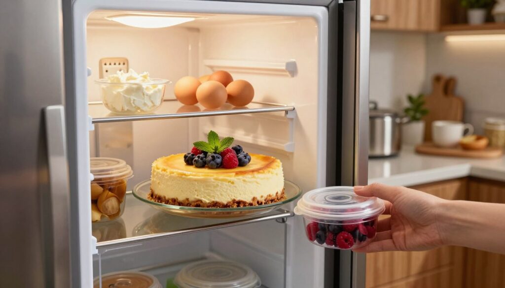 A beautifully arranged kitchen scene featuring a modern refrigerator with the door open, displaying a carefully stored cheesecake on a glass plate. The cheesecake is garnished with fresh berries and a sprig of mint, highlighting its freshness. In the foreground, we see a hand gently placing a covered container beside the cheesecake, indicating proper storage techniques. The middle section captures various ingredients for cheesecake, such as cream cheese and eggs, artfully organized on shelves. The background features a warm, inviting kitchen with soft, ambient lighting that reflects off stainless steel appliances and wooden cabinets, creating a cozy atmosphere. The image should evoke a sense of care and attention to detail in food preservation.