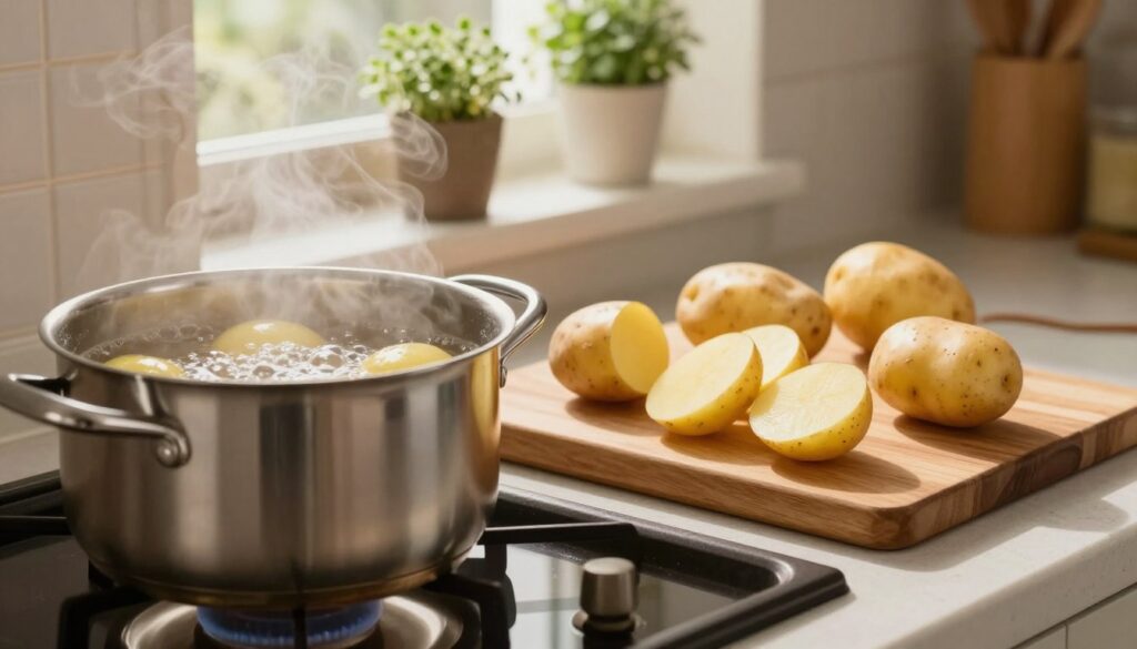 A beautifully arranged kitchen scene focused on a pot of boiling potatoes on the stove, with various sizes of cut potatoes displayed on a wooden cutting board nearby. The foreground features a sleek stainless-steel pot, steam rising as the water bubbles, indicating the cooking process. In the middle ground, the wooden cutting board, adorned with halved and quartered potato pieces, suggests their different cooking times. The background showcases a softly lit kitchen with warm, inviting colors, including herbs in small pots on a window sill, providing a cozy atmosphere. The lighting is warm and soft, capturing the essence of a nurturing cooking environment. The scene should convey a sense of homely comfort and culinary expertise, perfect for illustrating the nuances of cooking potatoes.