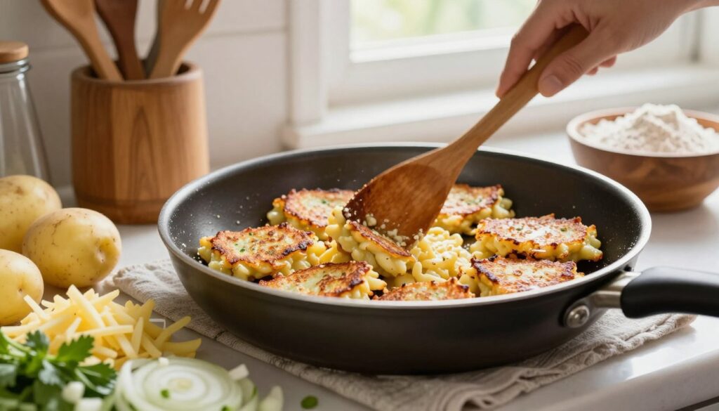 A beautifully arranged kitchen scene focuses on a frying pan with golden-brown, crispy potato pancakes cooking inside, showcasing their texture. In the foreground, fresh ingredients like grated potatoes, chopped onions, and herbs are artfully placed, hinting at the preparation process without eggs. In the middle, a slightly blurred hand stirs the batter with a wooden spoon, emphasizing the technique of mixing. In the background, soft, natural light streams through a window, illuminating rustic kitchen details like wooden utensils and a bowl of flour, creating a warm and inviting atmosphere. The overall mood is homely and culinary, evoking the art of traditional cooking techniques.