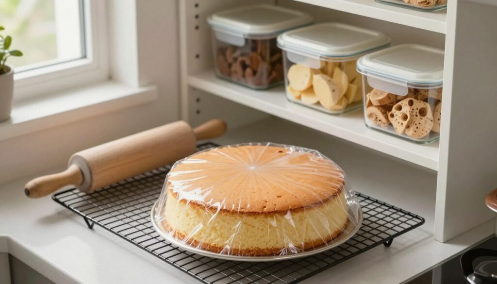 A beautifully arranged kitchen scene focusing on the effective storage of a freshly baked sponge cake. In the foreground, a moist, fluffy sponge cake is wrapped in clear plastic wrap, emphasizing preservation techniques. The middle layer features a cooling rack, with kitchen tools like a rolling pin and baking parchment subtly arranged. The background showcases a well-organized pantry with sealed containers, hinting at advanced storage methods. Soft, natural light filters through a nearby window, creating a warm and inviting atmosphere. The angle captures a slightly top-down view to highlight the cake's texture and the organized kitchen space, evoking feelings of freshness and care in cake storage.