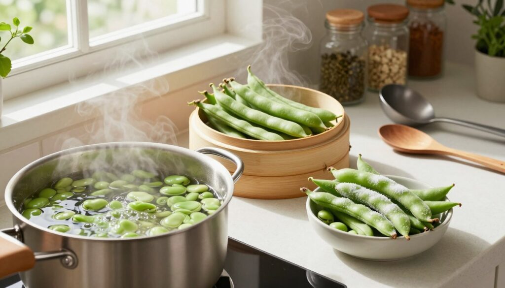 A beautifully arranged kitchen scene showcasing different methods of cooking broad beans. In the foreground, a pot of boiling water with vibrant green beans simmering, steam rising and creating a warm, inviting atmosphere. A steaming bamboo steamer filled with fresh beans is placed next to it in the middle, while a bowl of frozen broad beans, still glistening with frost, is set nearby. The countertop features various kitchen utensils like a ladle and a wooden spoon. Soft, natural lighting streams in from a window, illuminating the vibrant greens and creating a cozy cooking environment. The background shows neatly organized spices and herbs, enhancing the culinary theme. The mood is homey and inviting, perfect for a cooking article.