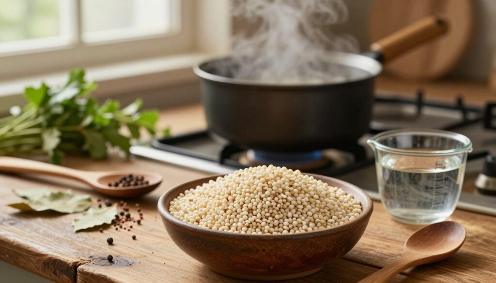 A beautifully arranged kitchen scene showcasing "pęczak," a type of pearl barley, prominently displayed in a rustic bowl at the foreground. Surrounding the bowl, there are traditional cooking utensils like a wooden spoon and a measuring cup filled with water, emphasizing the method of cooking. In the middle ground, a pot simmering on the stove gives off a gentle steam, while a rustic wooden table acts as a base. The background features soft-focus herbs and spices, like bay leaves and cracked pepper, summoning the mood of homey warmth and culinary creativity. Soft, natural lighting filters in from a nearby window, creating a calm and inviting atmosphere. The image invites the viewer to explore alternative cooking methods and experiences, with a warm color palette of browns and greens.
