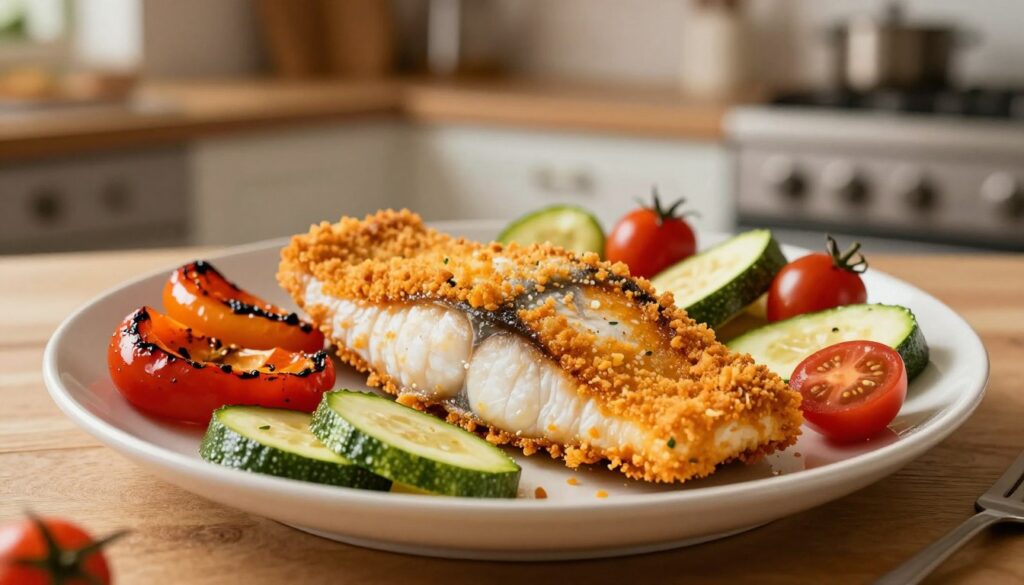 A beautifully arranged plate featuring a vibrant, crispy fillet of fish as the central focus, coated in a golden-brown, plant-based breading. Surrounding the fish, an assortment of colorful vegetables such as roasted bell peppers, zucchini, and cherry tomatoes, artfully placed for a fresh and healthy appeal. The background showcases a softly blurred kitchen setting, with warm, inviting lighting that emphasizes the delicious textures and colors of the plate. The camera angle is slightly above the table, capturing both the intricacies of the dish and the warmth of the space, creating a cozy, culinary atmosphere that invites the viewer to explore the alternative to traditional egg for breading.