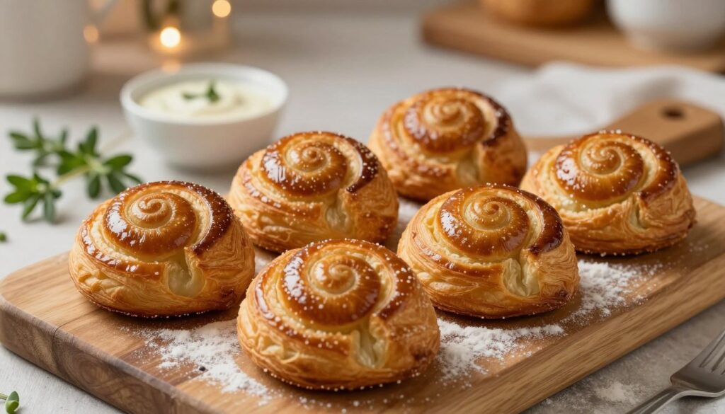 A beautifully arranged plate of freshly baked puff pastry snail-shaped pastries, known as "ślimaczki z ciasta francuskiego." Focus on the intricate layers of the golden-brown pastry with a glossy sheen, showcasing their spiral designs and flaky texture. In the foreground, place a few of these pastries artistically arranged on a rustic wooden board, with a sprinkle of flour for added texture. In the middle ground, include sprigs of fresh herbs and a small dish of dipping sauce, enhancing the culinary appeal. The background should feature a soft, dreamy kitchen setting with warm, ambient lighting, creating a cozy atmosphere perfect for a festive occasion. Capture the scene with a slightly overhead angle, emphasizing the intricate details and welcoming presentation of this delightful snack.