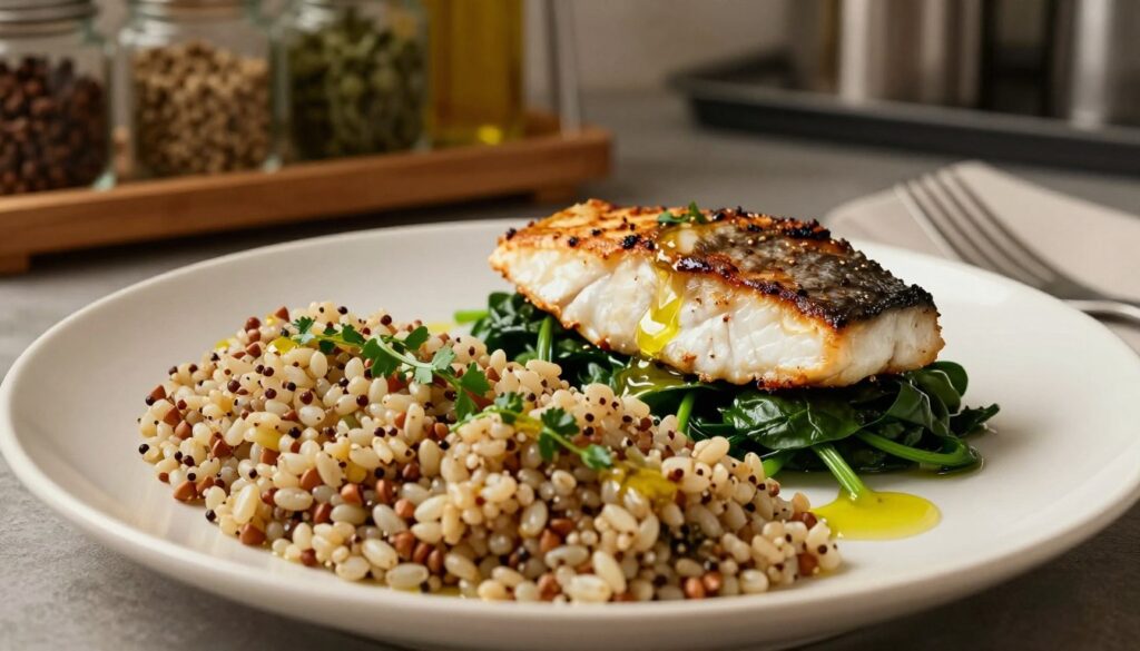 A beautifully arranged plate of kasza (grains) served alongside a delicate piece of grilled fish. In the foreground, the kasza varies in texture and color, showcasing a mix of quinoa, buckwheat, and barley, garnished with fresh herbs and a drizzle of olive oil. The middle ground features the grilled fish, perfectly cooked with crispy skin, sitting atop a bed of vibrant green spinach. In the background, a soft-focus kitchen setting reveals rustic wooden shelves stocked with jars of spices and herbs, enhancing the cozy, home-cooked atmosphere. The lighting is warm and inviting, with soft shadows casting a gentle glow over the dish, creating an appetizing mood. The angle captures the plate from a slight overhead view, emphasizing the colorful arrangement of food while keeping the focus on the kasza and fish.