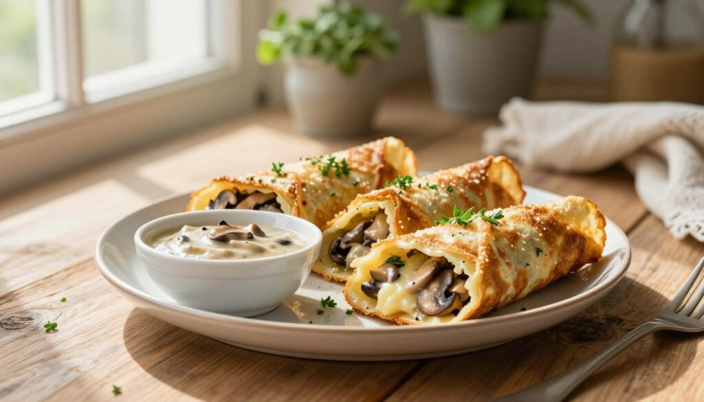 A beautifully arranged plate of krokiety, showcasing crispy golden-brown crepes filled with a savory mushroom and cheese mixture, garnished with fresh herbs. In the foreground, a small, elegant bowl of rich, velvety mushroom sauce is paired with the krokiety, accentuating their flavors. The middle ground features a rustic wooden table, complemented by a backdrop of soft-focus kitchen elements like herbs in pots and textured fabrics. Natural light streams in from a nearby window, casting gentle shadows and creating a warm, inviting atmosphere. The overall mood is cozy and appetizing, ideal for a culinary setting, illustrating the delightful experience of enjoying krokiety without traditional beetroot soup.