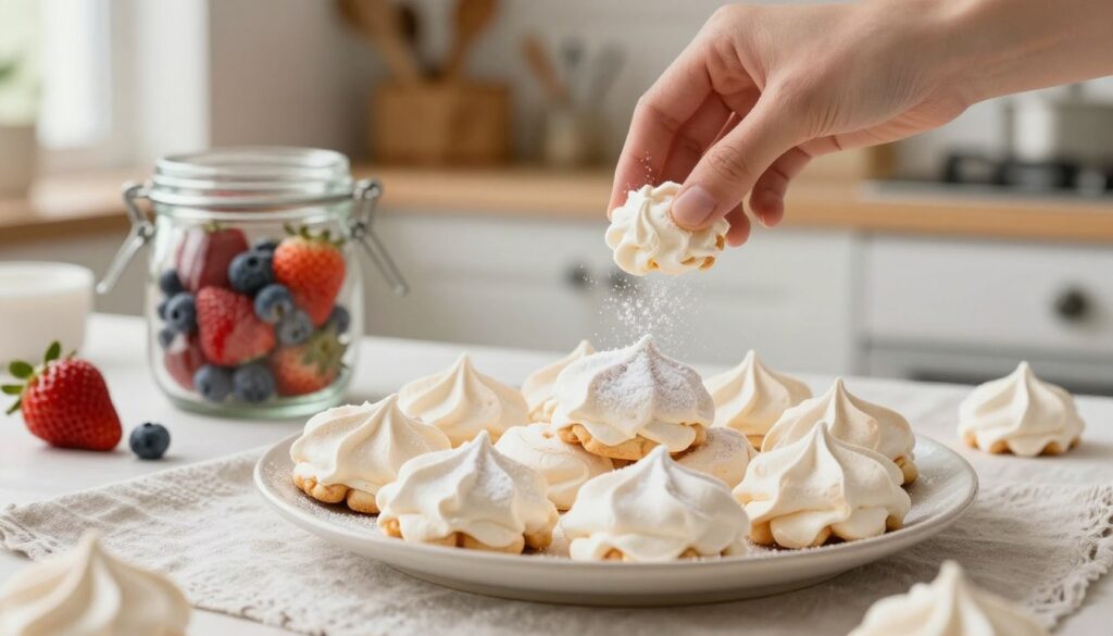 A beautifully arranged plate of light and airy meringue cookies, some slightly softened, presented on a pastel-colored tablecloth. In the foreground, a delicate hand lightly sprinkles powdered sugar over the meringues, emphasizing the action of refreshing them. In the middle ground, a glass jar filled with fresh fruits like strawberries and blueberries sits nearby, hinting at possible toppings for the meringues. The background features a warm, softly lit kitchen with a rustic wooden shelf displaying baking tools and ingredients, creating a cozy atmosphere. The lighting is soft and natural, coming from a nearby window, lending a fresh and inviting vibe to the scene. Focused, detailed close-up capturing the textures of the meringues and the gentle movements, evoking a sense of comfort and creativity in baking.