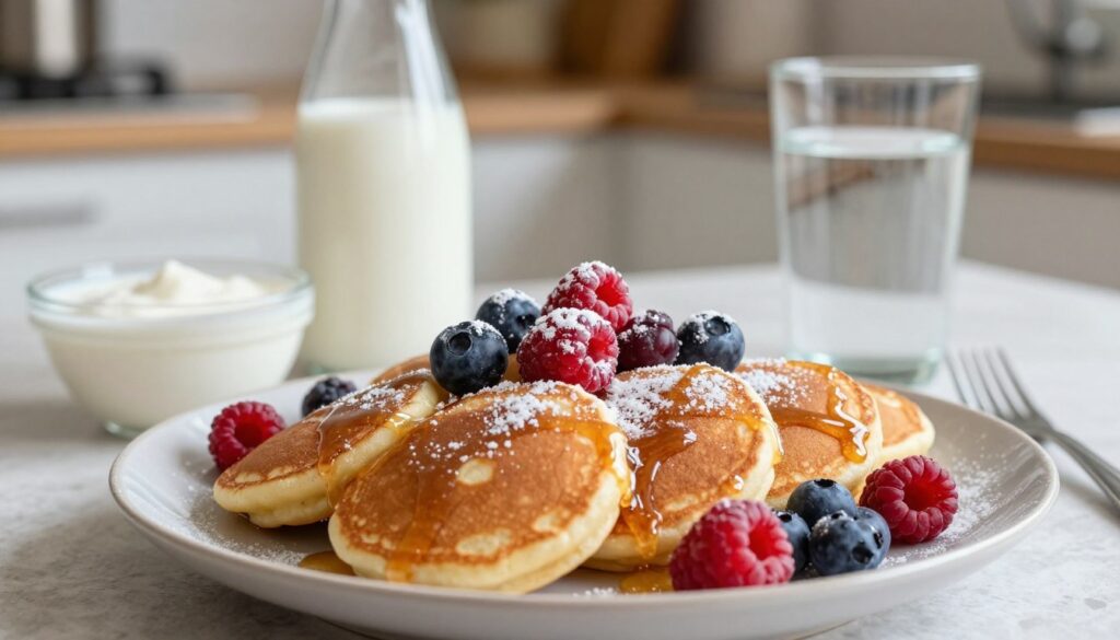 A beautifully arranged plate of "naleśniki bez mleka" (milk-free pancakes) sits prominently in the foreground, showcasing their golden-brown texture and slight crispness. The pancakes are adorned with an assortment of colorful toppings: fresh berries, a drizzle of maple syrup, and a sprinkle of powdered sugar, creating a vibrant contrast. In the middle ground, a small bowl of alternative milk options—such as plant-based drinks, kefir, and water—are casually placed near the pancakes, hinting at the ingredients used. The background features a softly blurred kitchen setting, with warm, natural lighting gently illuminating the scene, evoking a cozy and inviting atmosphere. The angle captures both the plate of pancakes and the variety of substitutes, enticing viewers to explore the subject of pancake alternatives.
