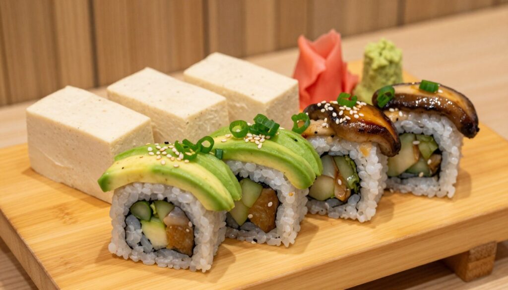 A beautifully arranged plate of sushi featuring slices of tofu and shiitake mushrooms as the main ingredients. The foreground showcases delicate sushi rolls with vibrant colors, garnished with fresh avocado, sesame seeds, and thinly sliced green onions. The shiitake mushrooms are lightly sautéed, adding a rich, earthy texture that mimics fish. In the middle, a wooden sushi board holds additional ingredients like pickled ginger and wasabi, creating a harmonious and inviting presentation. The background is softly blurred, hinting at a traditional Japanese setting with subtle bamboo decorations and warm, ambient lighting. The overall mood is calm and appetizing, evoking a sense of tranquility and culinary artistry.