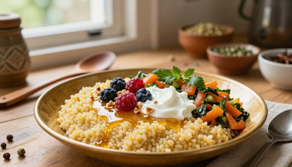 A beautifully arranged plate showcasing both sweet and savory millet porridge. In the foreground, a rich, golden bowl of sweet millet porridge drizzled with honey, topped with fresh berries and a sprinkle of nuts. Beside it, a savory version with sautéed vegetables, herbs, and a dollop of yogurt for contrast. The middle ground features traditional serving utensils, like wooden spoons and small bowls filled with spices and herbs, creating a cozy, home-cooked atmosphere. The background is softly blurred, depicting a warm, rustic kitchen with natural light streaming in through a window, enhancing the inviting and wholesome ambiance. The overall mood is comforting and delicious, inviting viewers to experience the versatility of millet.