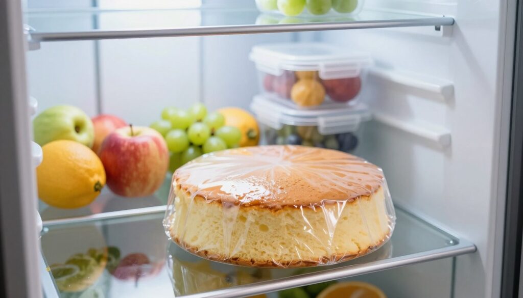 A beautifully arranged refrigerator interior showcasing an elegant sponge cake (biszkopt) carefully wrapped in plastic wrap. In the foreground, the cake is the focal point, perfectly round and fluffy, glistening slightly to suggest moisture retention. The middle section displays various colorful fruits and neatly organized containers, emphasizing a fresh and tidy storage environment. The background reveals softly glowing refrigerator shelves illuminated by cool, gentle lighting, enhancing the freshness of the food. The overall mood is calm and inviting, with a hint of professionalism, suitable for a cooking space. The angle is slightly tilted to capture both the contents and the organizational layout, providing a sense of depth and clarity without any distractions.