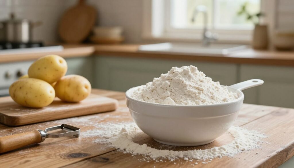 A beautifully arranged scene featuring a bowl of finely sifted potato starch ("mąka ziemniaczana") on a rustic wooden kitchen table. In the foreground, a measuring cup filled with the powdery starch sits next to a small pile of raw potatoes, with a peeler and a cutting board in sight. In the middle ground, a soft-focus texture of the kitchen environment showcases a quaint kitchen with warm, natural lighting filtering through a window, highlighting the starch's fine, silky texture. The background features vintage kitchen tools, enhancing the homey atmosphere. The overall mood is warm and inviting, embodying a sense of culinary tradition. The composition conveys the importance of precise measurements in cooking, inviting viewers to engage with the process of making perfect potato dumplings. A beautifully arranged scene featuring a bowl of finely sifted potato starch ("mąka ziemniaczana") on a rustic wooden kitchen table. In the foreground, a measuring cup filled with the powdery starch sits next to a small pile of raw potatoes, with a peeler and a cutting board in sight. In the middle ground, a soft-focus texture of the kitchen environment showcases a quaint kitchen with warm, natural lighting filtering through a window, highlighting the starch's fine, silky texture. The background features vintage kitchen tools, enhancing the homey atmosphere. The overall mood is warm and inviting, embodying a sense of culinary tradition. The composition conveys the importance of precise measurements in cooking, inviting viewers to engage with the process of making perfect potato dumplings.