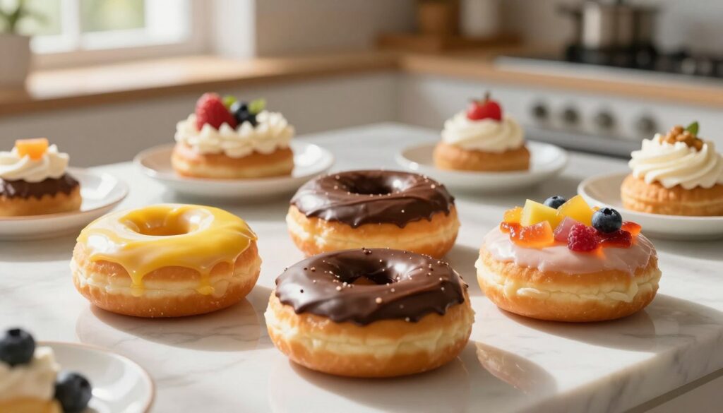 A beautifully arranged scene featuring an assortment of delicious pastries, specifically donuts, artistically decorated with various types of icing substitutes. In the foreground, showcase three donuts: one glazed with a shiny lemon-infused icing, another with a rich chocolate glaze, and the third topped with a colorful fruit puree. In the middle ground, include a variety of alternative filling ingredients, like fruits and creams, displayed on elegant porcelain dishes. The background features a softly lit kitchen setting, with a warm, inviting atmosphere, accentuated by natural light streaming through a window, casting gentle shadows that enhance the textures of the pastries. The image should evoke a sense of culinary creativity and indulgence.