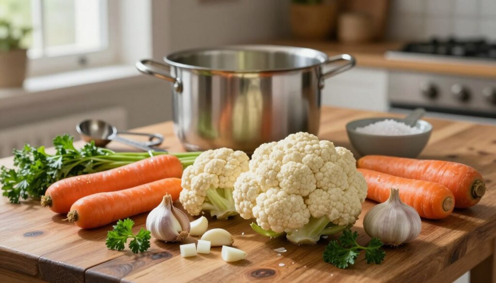 A beautifully arranged selection of ingredients for cauliflower soup on a rustic wooden kitchen table. In the foreground, vibrant fresh cauliflower heads, surrounded by chopped onions, garlic cloves, and colorful carrots, glistening with a light sheen as if recently washed. A few sprigs of fresh parsley add a pop of green. The middle ground features a large stainless steel pot, ready for cooking, alongside measuring spoons and a small bowl of salt. In the background, soft, natural light filters through a nearby window, casting gentle shadows. A cozy kitchen atmosphere creates a warm, inviting feel, making the viewer want to join in the cooking. The scene is meticulously organized, showcasing the fresh ingredients in an appealing, appetizing arrangement without any text or distractions.