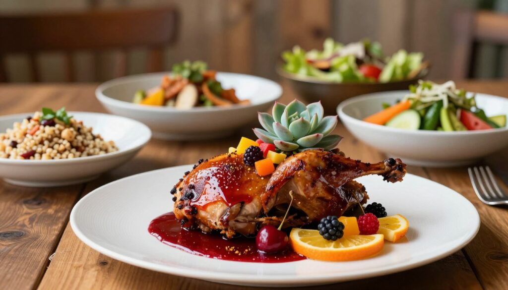 A beautifully arranged table featuring a succulent roasted duck as the centerpiece, garnished with vibrant, colorful fruit sauces. In the foreground, a glossy, rich sauce made from cherries and spices spills elegantly onto the duck, complemented by fresh berries and citrus slices artistically placed around. The middle ground showcases a variety of delectable side dishes, including nutty grains, assorted vegetables, and crisp salads in elegant bowls. The background is softly blurred with rustic wooden textures and warm, inviting lighting, creating a cozy dining atmosphere. The scene is captured from a slightly elevated angle to emphasize the textures and colors of the dish, evoking a sense of gourmet sophistication and culinary delight.