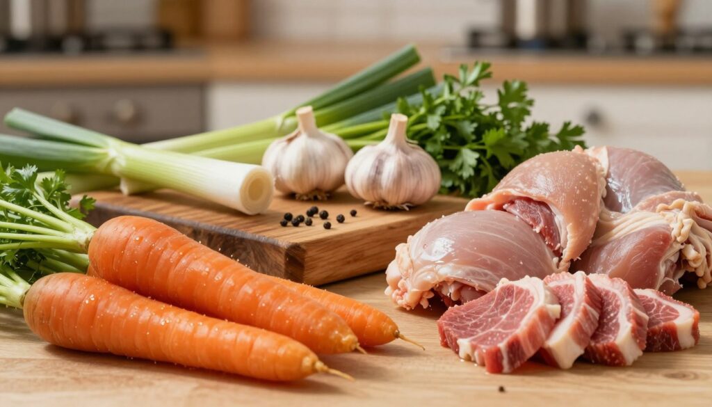 A beautifully arranged table filled with the essential ingredients for Magda Gessler's traditional chicken broth. In the foreground, a selection of fresh vegetables: vibrant carrots, fragrant leeks, and aromatic parsley, all glistening as if freshly washed. Nearby, chunks of tender chicken and slices of beef display juicy marbling. The middle ground features a rustic wooden cutting board with whole garlic bulbs and a scattering of peppercorns and herbs, adding an earthy touch. The background includes a softly blurred kitchen scene with warm, inviting lighting, evoking a cozy cooking atmosphere. The image captures the essence of flavor and comfort, highlighting the harmony of natural ingredients essential for a rich broth.
