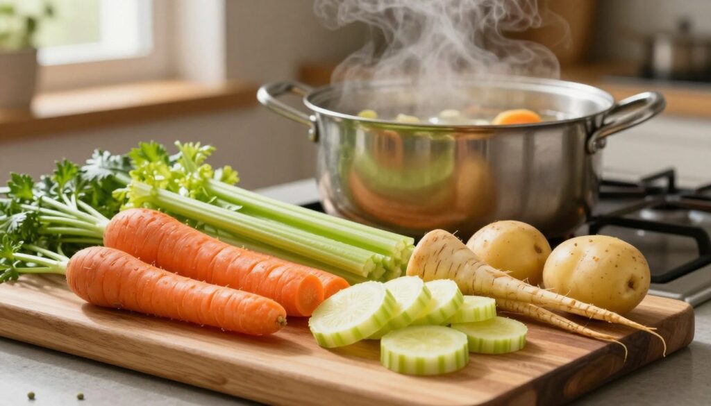 A beautifully arranged wooden cutting board featuring a variety of fresh vegetables necessary for making "zupa jarzynowa." In the foreground, vibrant carrots, potatoes, celery, and parsnips are meticulously sliced and arranged, showcasing their bright colors and textures. In the middle ground, a large pot filled with simmering vegetable broth sits on a rustic stovetop, steam wafting gently into the air, hinting at the cooking process. The background is softly blurred, depicting a cozy kitchen with warm, inviting lighting filtering through a window. This creates a homely atmosphere, emphasizing the warmth and comfort of home cooking. The image captures the essence of cooking harmony with a focus on the meticulous order and timing of adding vegetables for optimal flavor.