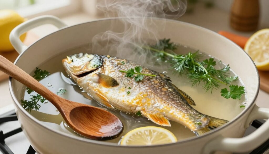 A beautifully cooked fish simmering in clear, steaming water, delicately placed in a shallow, elegant pot. The fish is golden and glistening, showcasing its tender texture, with fresh herbs like dill and parsley floating around it. In the foreground, a wooden spoon rests against the pot, adding a rustic touch. The middle of the scene captures the bubbling water with soft, translucent steam rising, while the background features a softly blurred kitchen setting, filled with warm natural light. This creates a cozy and inviting atmosphere, evoking a sense of comfort and simplicity in home cooking. The angle is slightly overhead, focusing on the fish but also including hints of vegetables like sliced lemon and carrots around the pot, enhancing the fresh, healthy meal vibe.