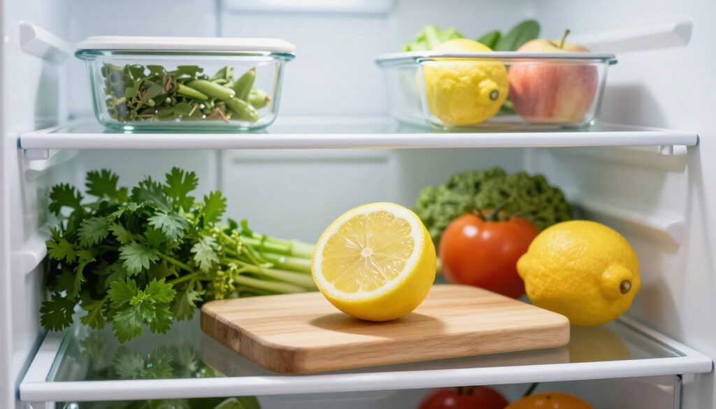 A beautifully organized refrigerator interior showcasing a cut lemon placed on a wooden cutting board, surrounded by a variety of fresh produce like vibrant green herbs, colorful vegetables, and ripe fruits to emphasize freshness. The refrigerator's shelves neatly display glass containers and bottles, reflecting a clean and organized space. Soft, natural lighting enhances the freshness of the scene, creating a bright and inviting atmosphere. The camera angle is slightly above eye level, focusing on the lemon while softly blurring the background to emphasize the importance of properly storing cut citrus. The overall mood is refreshing and tidy, capturing the essence of preserving food quality and minimizing waste.