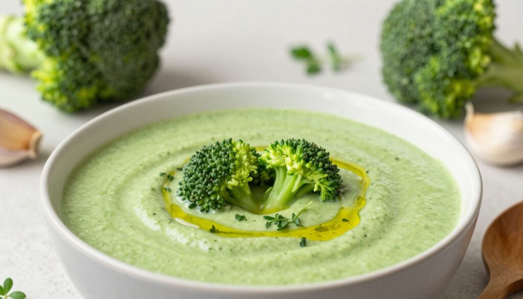 A beautifully plated bowl of creamy green "zupa krem" (cream soup) made from perfectly cooked broccoli, garnished with a drizzle of high-quality olive oil and a sprinkle of fresh herbs. In the foreground, focus on the vibrant soup texture, showing a smooth, velvety consistency with tiny flecks of green from the herbs. In the middle ground, include a delicate wooden spoon resting beside the bowl. The background features a softly blurred kitchen setting with fresh broccoli, garlic, and a few herbs scattered around, creating a warm and inviting atmosphere. Use soft, natural lighting to emphasize the freshness and warmth of the ingredients, captured with a slight overhead angle to showcase the bowl's details. The overall mood should feel comforting and appetizing, inviting readers to explore healthy cooking options.