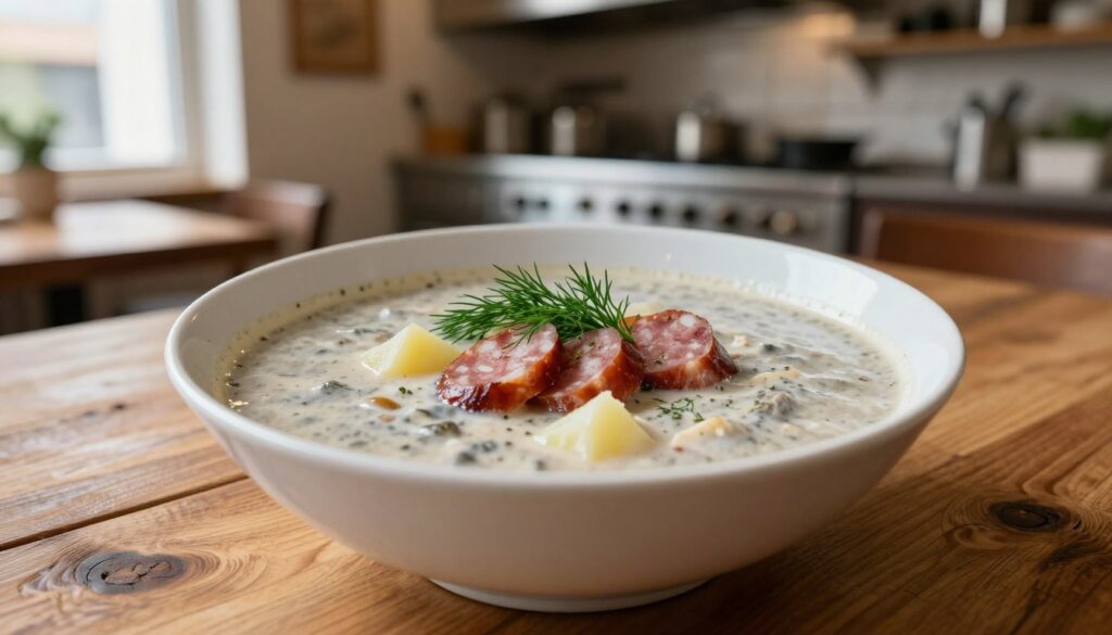 A beautifully presented bowl of traditional Polish żurek, garnished with fresh dill and slices of smoked sausage, placed on a rustic wooden table. The soup has a creamy texture, with the characteristic light gray color and pieces of potato visible. In the background, a blurred view of a cozy restaurant kitchen is softly lit, creating an inviting atmosphere. The scene is captured with a shallow depth of field, enhancing the focus on the bowl while giving a hint of kitchen activity behind. Natural light filters through a nearby window, casting a warm glow on the dish and emphasizing its appetizing features. The mood is warm and homely, evoking the charm of dining out in a high-quality restaurant.