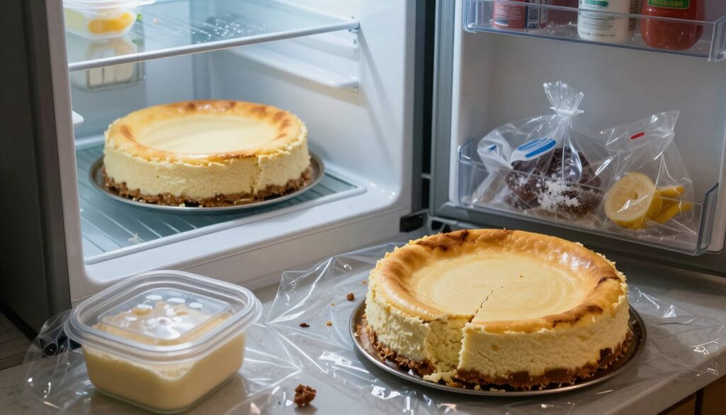 A beautifully staged kitchen scene showcasing a cheesecake being improperly stored. In the foreground, a slightly cracked cheesecake is set on a countertop, with an opened plastic wrap and a glass container in disarray, indicating a lack of care. In the middle, there’s an array of common mistakes such as a forgotten cheesecake in the back of a fridge, the light from the fridge casting a cold glow on it, and an unsealed freezer bag. In the background, a cluttered refrigerator with expired ingredients and frost buildup adds to the atmosphere of neglect. The lighting is soft yet direct, highlighting the cheesecake's texture while creating a slightly somber mood to reflect the theme of loss of flavor. The camera angle is slightly overhead, enhancing the focus on the cheesecake and its surroundings.