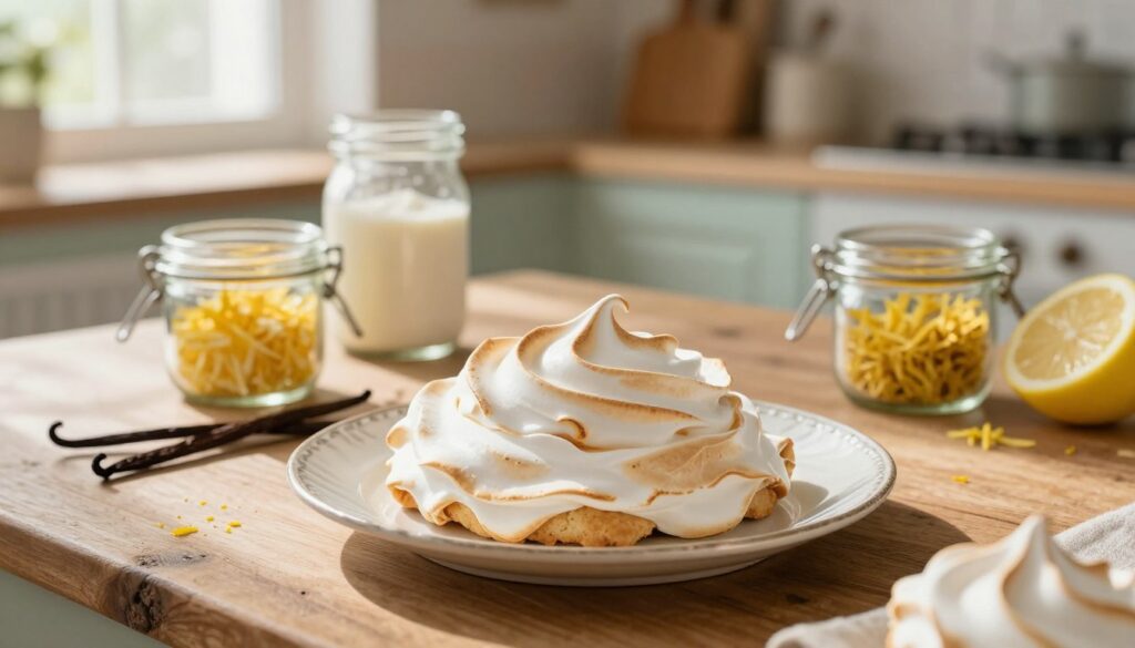 A beautifully styled and detailed still life arrangement showcasing a delicate meringue in the foreground, sitting on a vintage porcelain plate. The meringue is perfectly crisp, with a light golden hue, and has hints of intricate texture. Surrounding the meringue, place small jars filled with various ingredients that can enhance its flavor, such as vanilla beans and lemon zest. In the middle ground, a rustic wooden table complements the scene, softly illuminated by natural sunlight filtering in from a nearby window, creating gentle shadows and highlights. In the background, slightly blurred, hint at a cozy kitchen setting with pastel-colored walls and baking tools, establishing an inviting atmosphere. The mood is warm and homey, suggesting the care involved in storing meringue to maintain its delicious crunch.