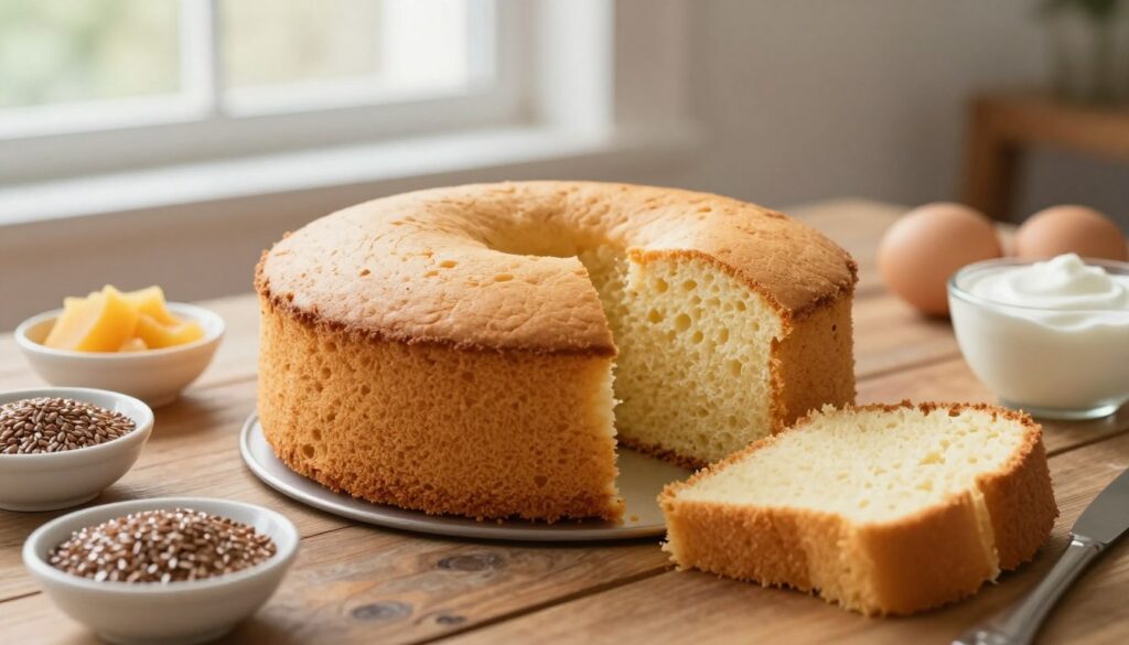 A beautifully styled baking scene featuring a fluffy, golden sponge cake made without eggs, placed prominently on a rustic wooden table. The cake has a light, airy texture, with a delicate crumb visible through a slice that has been cut. Surrounding the cake are various egg substitutes, like applesauce, flaxseed meal, and yogurt, displayed in small bowls for a clean, organized look. In the background, soft natural light filters through a window, casting gentle shadows and highlighting the cake's moistness. The mood is warm and inviting, perfect for a cozy baking vibe. The focus is sharp on the cake with a shallow depth of field, creating a dreamy ambiance while blurring the background slightly. No text or logos are present in the image.