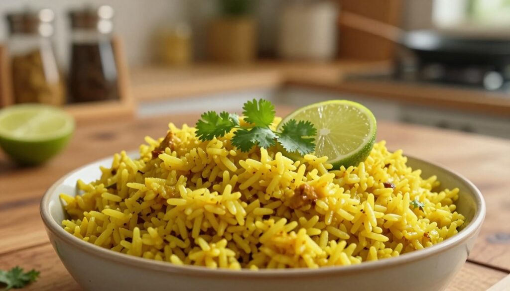 A beautifully styled bowl of fluffy, aromatic curry rice sits in the foreground, with perfectly separated grains shimmering under warm, golden light. The rice is infused with a vibrant yellow hue from turmeric, and garnished with fresh cilantro and slices of lime that add a pop of color. In the middle, a rustic wooden table enhances the casual yet inviting dining atmosphere. In the background, softly blurred kitchen elements like a spice rack and cooking utensils suggest a homey environment. The overall mood is warm and inviting, evoking a sense of comfort and culinary delight, with a focus on the texture and vibrancy of the rice dish. The image is captured with a shallow depth of field to emphasize the rice while providing a glimpse of the cozy kitchen setting.