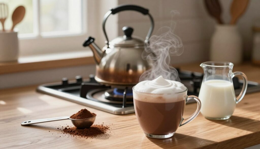 A beautifully styled cocoa preparation in a cozy kitchen setting. In the foreground, a rich, creamy cup of cocoa topped with a swirl of frothy milk, placed on a wooden table. Beside it, a measuring spoon, cocoa powder, and a small pitcher of milk, highlighting the classic proportions. In the middle, a charming kettle is heating water on a stove, with steam gently rising, adding warmth to the scene. The background features soft, blurred outlines of kitchen utensils and a window allowing soft, natural light to stream in, creating a serene and inviting atmosphere. The overall mood is comforting and homely, perfect for showcasing the art of making velvety cocoa.