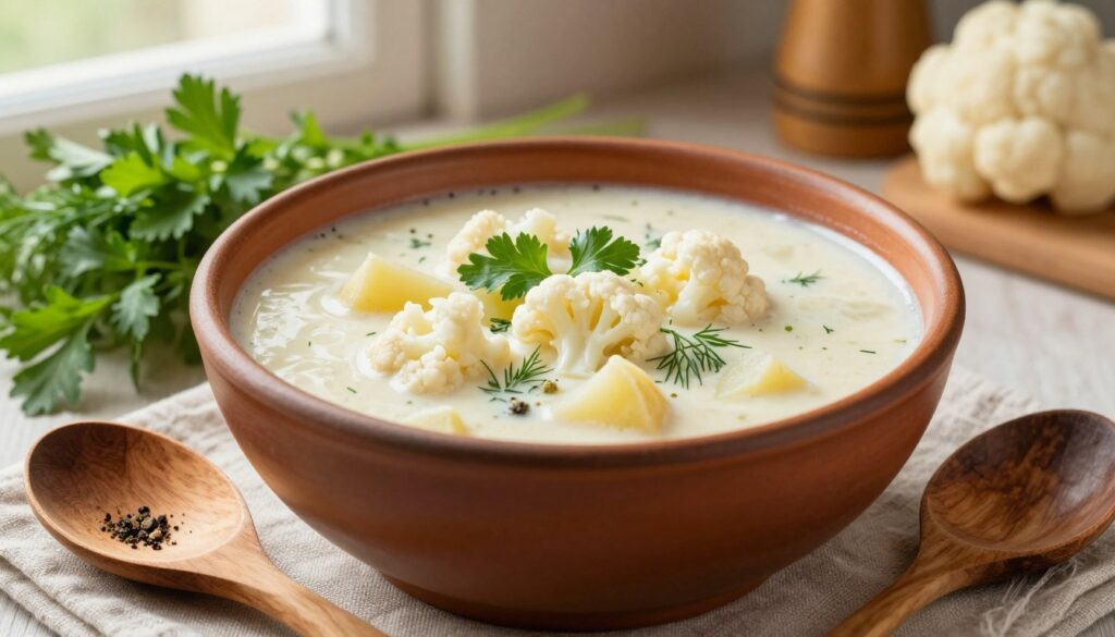 A beautifully styled composition featuring a traditional bowl of zupa kalafiorowa (cauliflower soup) as the centerpiece, showcasing its creamy texture with visible pieces of cauliflower and potatoes. Surround the bowl with fresh herbs like parsley and dill for a pop of color. In the foreground, place a rustic wooden spoon and a sprinkle of black pepper on a neutral-toned cloth. In the background, softly out of focus, include hints of a cozy kitchen setting, with warm, inviting light filtering through a window. Set the scene with an inviting atmosphere that highlights home cooking, evoking warmth and comfort. Use a soft focus lens to enhance the creamy details and warm colors of the soup, aiming for a heartwarming and exquisite culinary presentation.