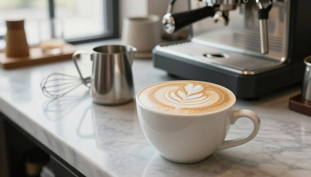 A beautifully styled cup of oat milk, delicately frothy, set on a marble countertop. In the foreground, focus on the cup with intricate latte art swirling on the surface, reflecting shades of beige and creamy white. In the middle ground, a small frothing jug and a whisker, quintessential tools for creating the perfect foam. In the background, a steaming coffee machine and a cozy coffee shop atmosphere, bathed in soft, natural light filtering through large windows. The scene evokes warmth and comfort, inviting the viewer to explore the world of plant-based milk alternatives. Angle the shot slightly from above to capture the cup's details and create an inviting, contemporary coffee experience.