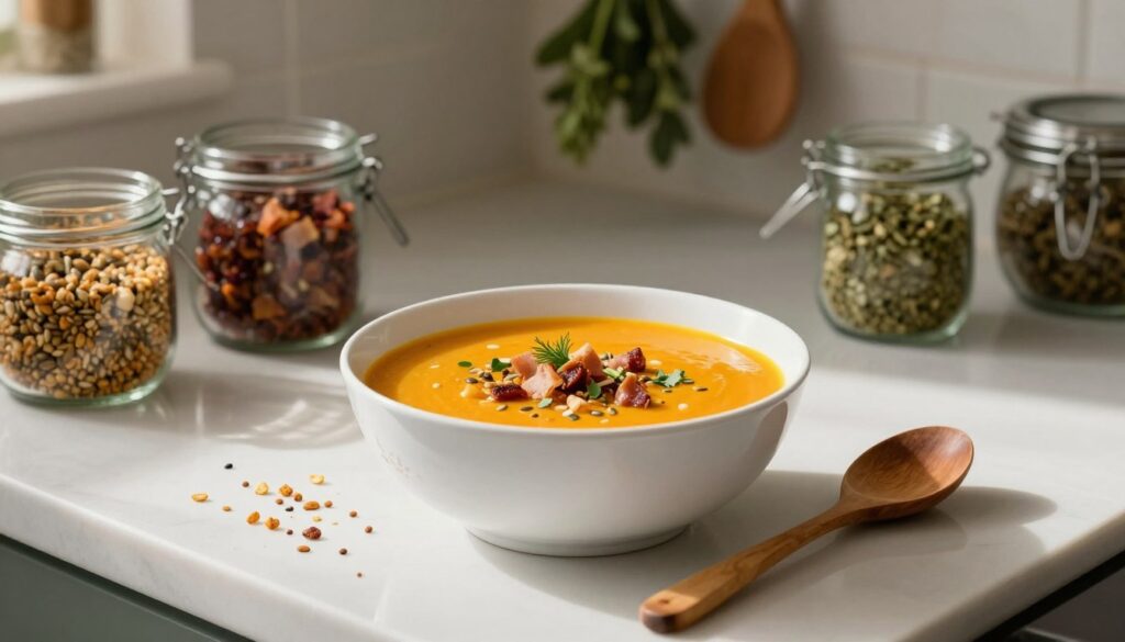 A beautifully styled kitchen countertop showcasing a gourmet soup in a white bowl, vibrant orange in color, surrounded by an array of crunchy toppings that enhance its flavor, such as toasted seeds, crispy bacon bits, and fresh herbs. In the foreground, a wooden spoon rests next to the bowl, reflecting the warm, inviting atmosphere. The middle of the scene features various jars filled with colorful, textured toppings, strategically placed around the soup. The background reveals softly blurred kitchen utensils and herbs hanging, with gentle, natural lighting illuminating the scene, casting soft shadows. The overall mood is cozy and inviting, perfect for a culinary exploration focused on sophisticated soups and their accompanying textures.