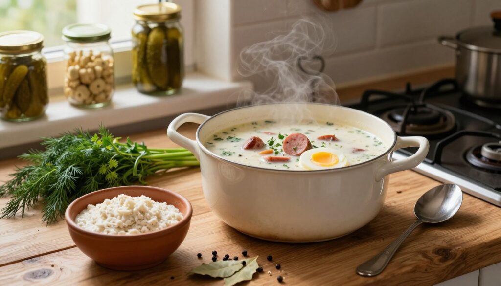 A beautifully styled kitchen scene featuring a pot of traditional white borscht (barszcz biały) simmering on the stove. In the foreground, a rustic wooden table is adorned with essential ingredients: a bowl of homemade sourdough starter (zakwas), fresh herbs like dill, and spices such as black pepper and bay leaves. In the middle, a close-up view of the borscht, showcasing its creamy texture and light color with pieces of kielbasa and boiled eggs visible. The background features shelves lined with jars of pickles and a window letting in warm, natural light, creating a cozy and inviting atmosphere. The lens captures this scene from a slightly elevated angle, highlighting the ingredients as intricate details that evoke the essence of Polish cuisine.